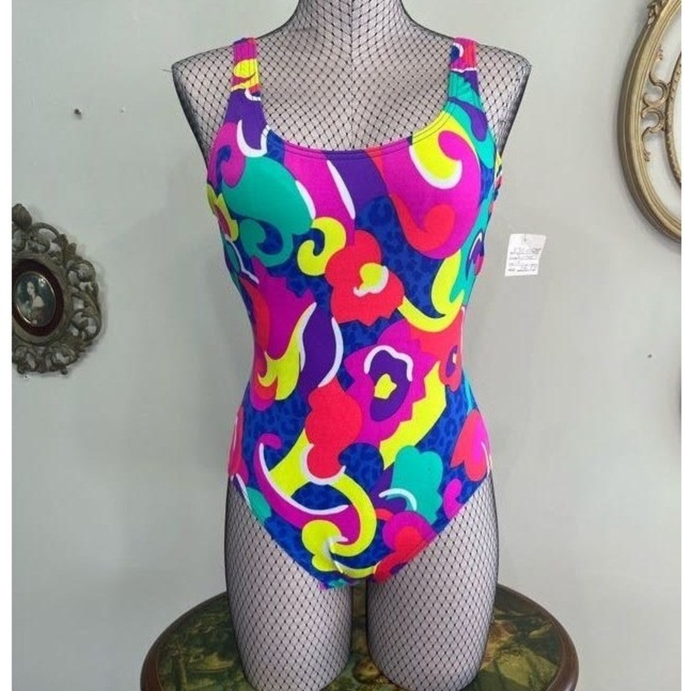 Vintage 90s Neon Psychedelic Floral One Piece Swimsuit Size 10